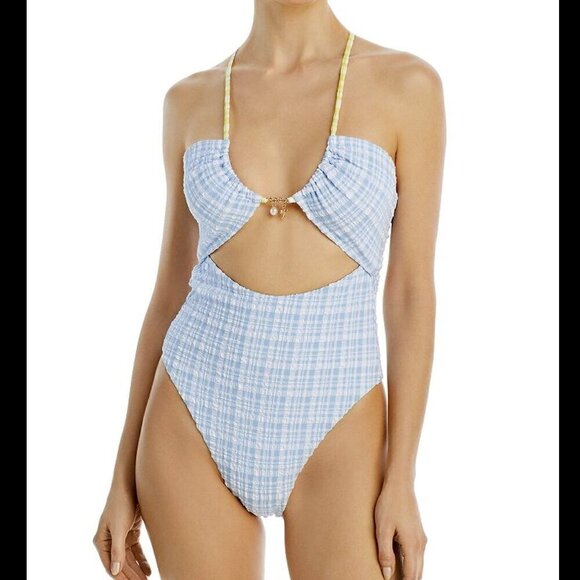 L*Space Rizzo seersucker blue and green and white swim suit xsmall - Picture 1 of 10